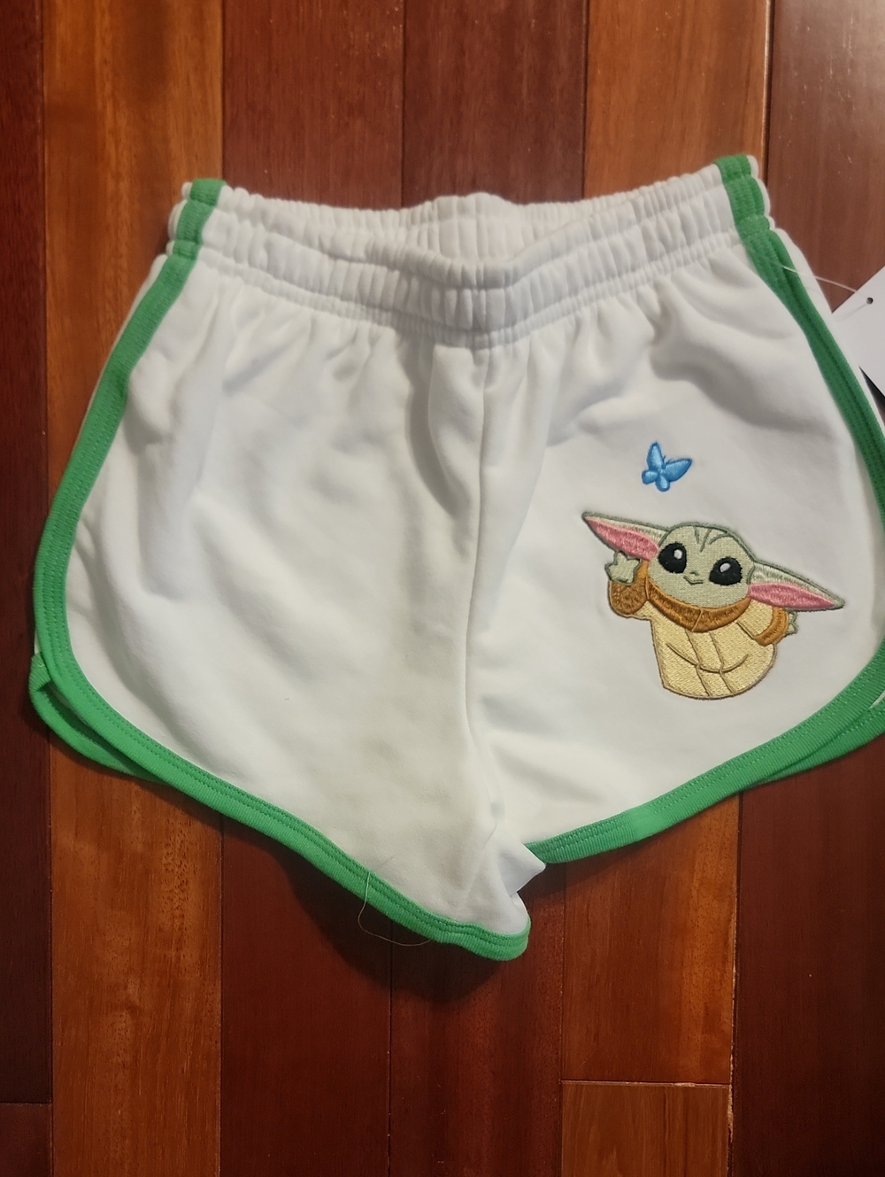 Star Wars White Kids Athletic Shorts with Green Trim and Embroidered Grogu